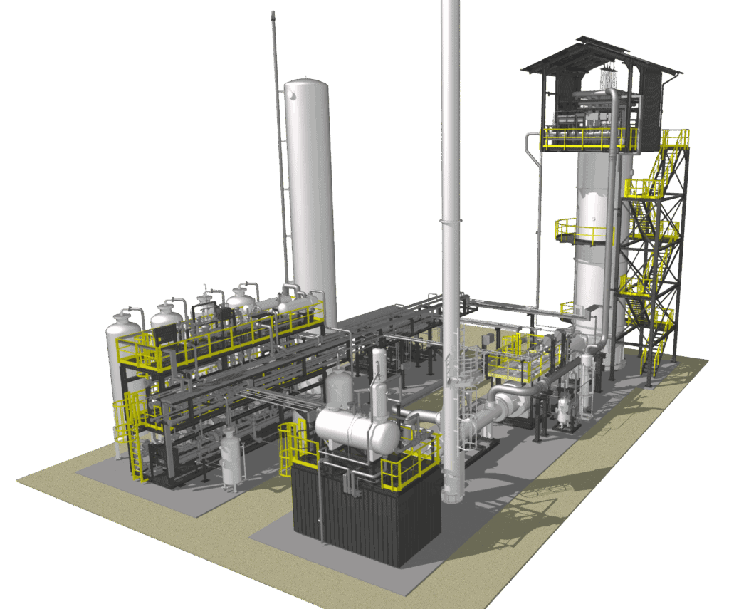 3D rendered MAHLER plant model showing a modular gas production system with towers, vessels, piping, and yellow access platforms.