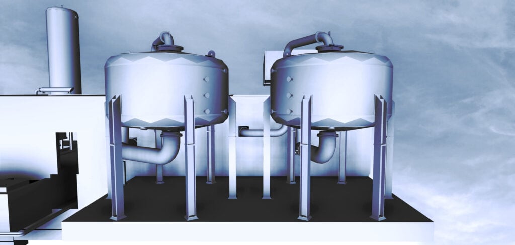 3D concept rendering of a VPSA oxygen plant module with two large horizontal process vessels on steel supports, connected by piping, and a tall vertical tank in the background.