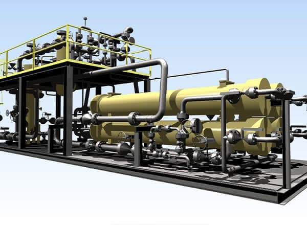 3D rendering of a MAHLER process gas membrane skid with yellow horizontal membrane vessels, black steel frame, piping, valves, and a top service platform with yellow guardrails.