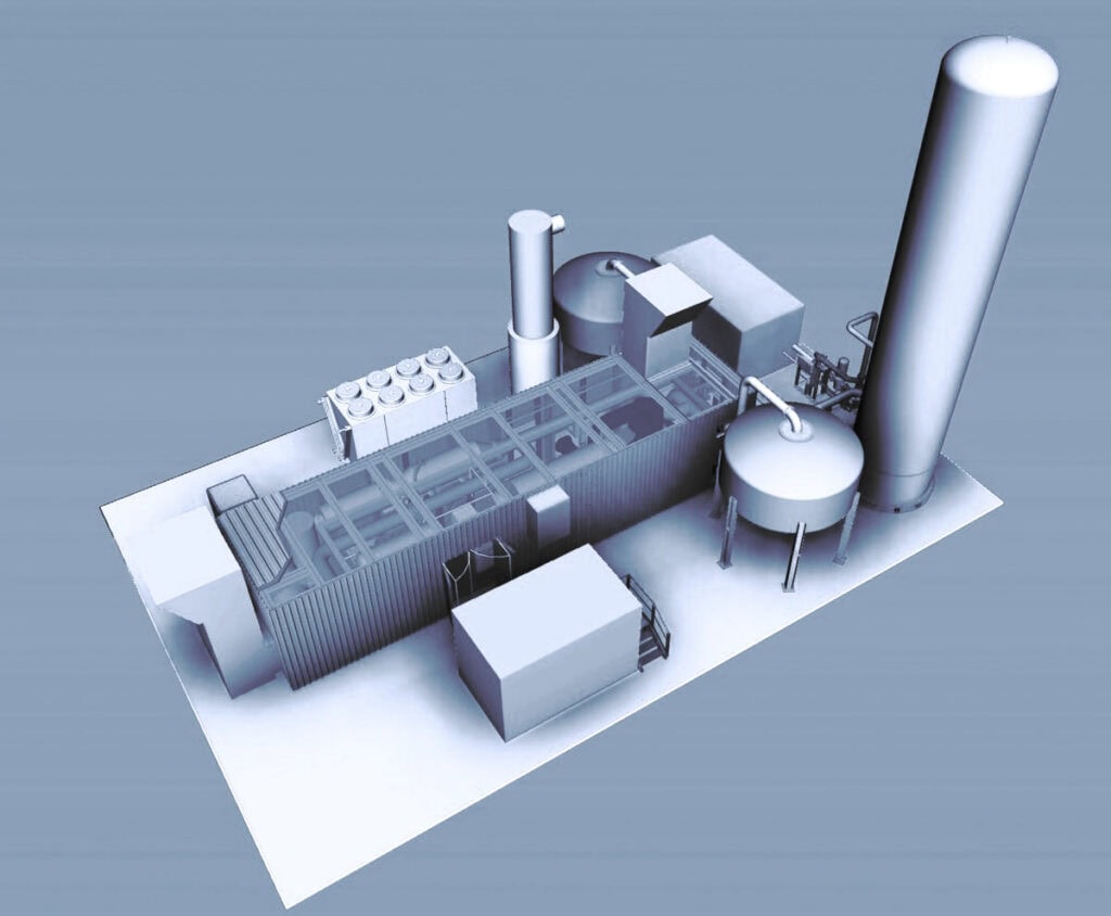 3D concept view of a modular VPSA oxygen plant with containerized units, storage tanks, piping, and a tall vertical column arranged on a compact skid.