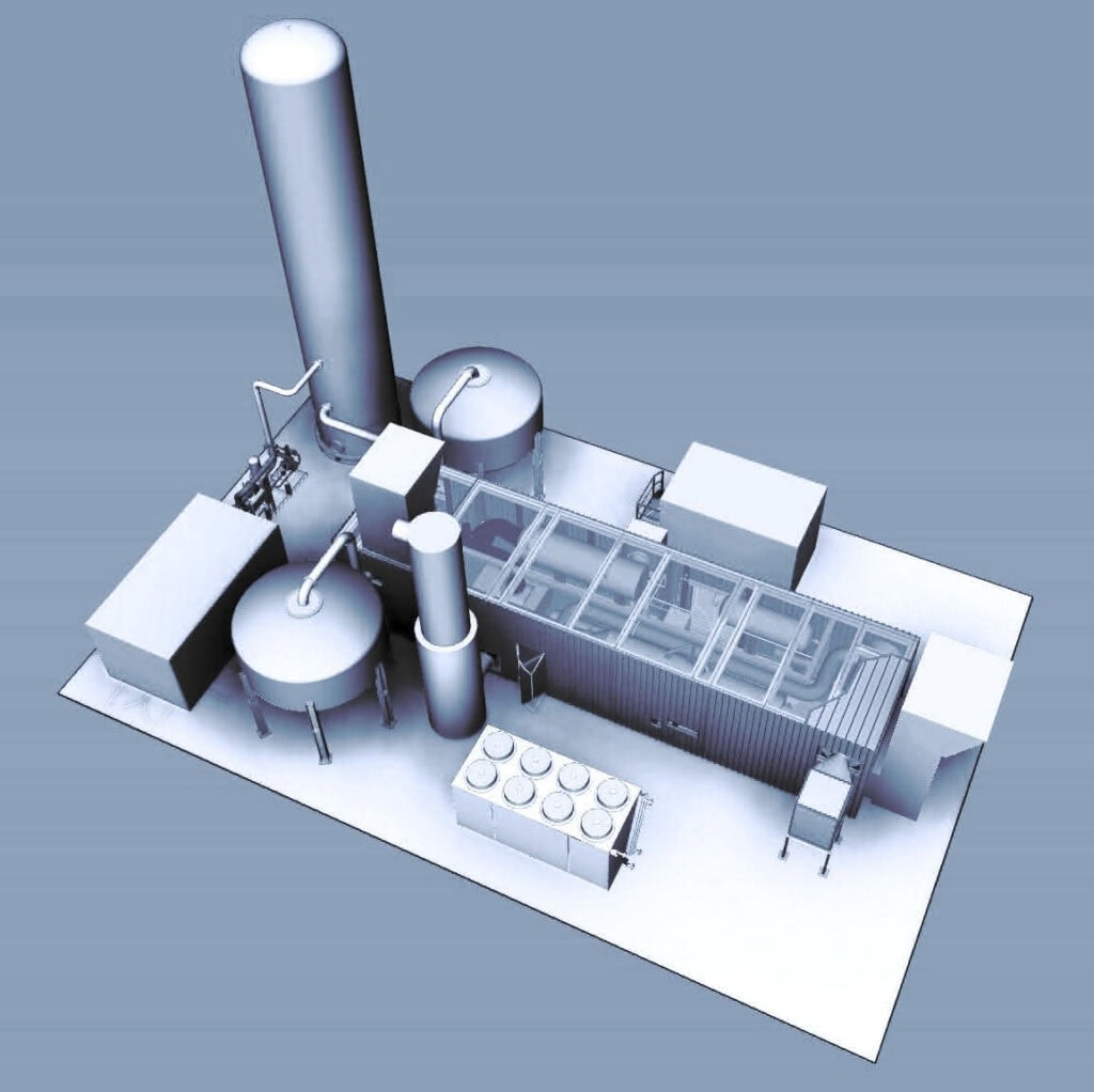 3D concept render of a Mahler VPSA oxygen plant with a tall storage tower, process tanks, containerized modules, and connecting pipework on a skid.