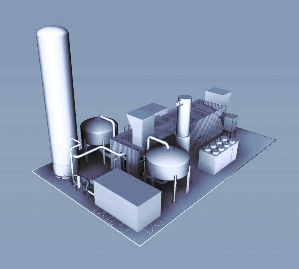 3D concept rendering of a Mahler VPSA oxygen plant, showing modular units, tall storage vessel, process tanks, and connected piping layout.