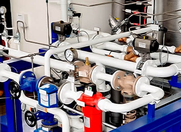 Close-up of a nitrogen generation system with white pipework, valves, gauges, and blue compressor units mounted on a skid.