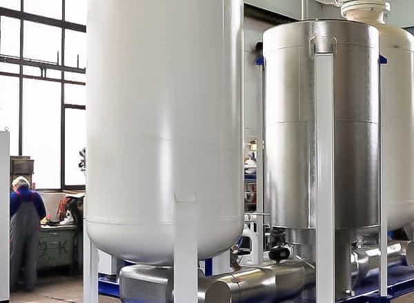 Two large white nitrogen storage vessels stand in an industrial plant, with piping and insulation visible and a worker in the background.