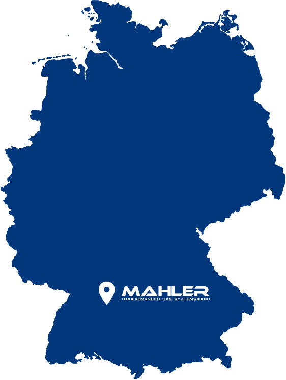 Blue silhouette map of Germany with a location pin and the MAHLER Advanced Gas Systems logo placed near the south-central region.