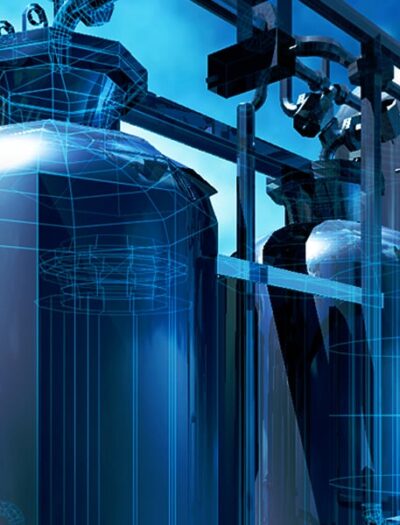 Blue-toned rendering of MAHLER gas system equipment, showing large pressure vessels and pipework with a semi-transparent CAD/wireframe overlay against a bright sky, illustrating delivery and commissioning.