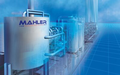 3D visualization of a MAHLER Advanced Gas Systems plant with semi-transparent process equipment and blue digital overlay, illustrating system optimization and performance monitoring.