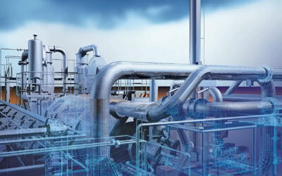 3D render of a modular industrial gas plant with large stainless-steel pipes and vessels, shown with a semi-transparent blue wireframe overlay against a sky background.