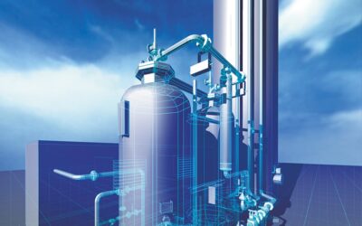 Blue, semi-transparent CAD-style visualization of a MAHLER advanced gas system, with tall pressure vessels, piping, and instrumentation overlaid on a 3D grid and cloudy sky background, representing the company’s technology.