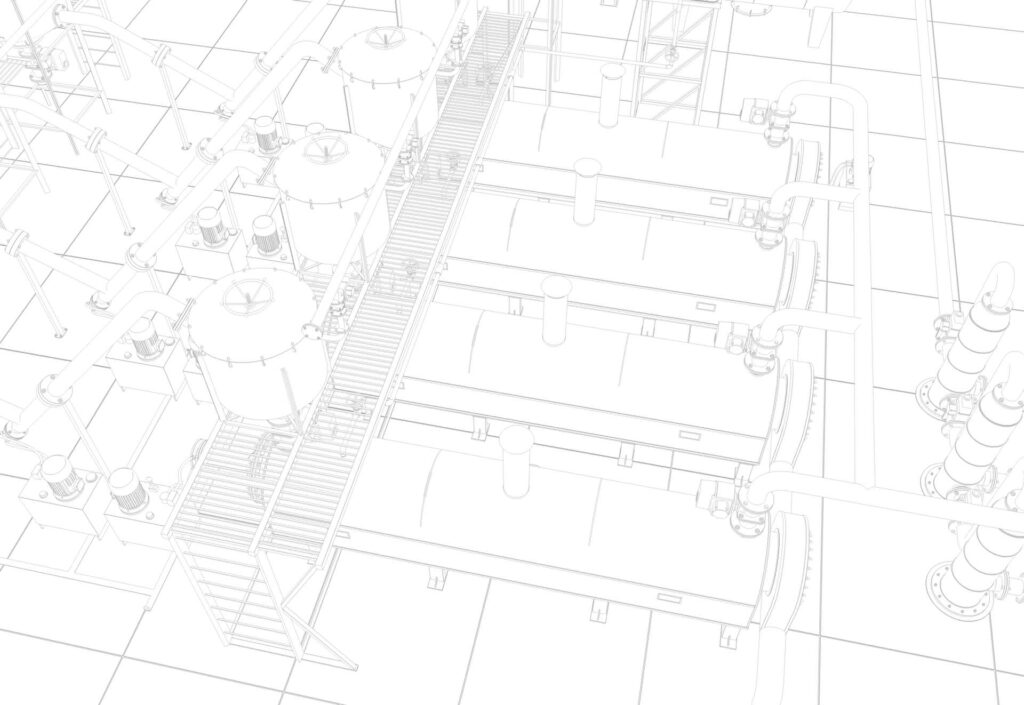 Line-art sketch of a gas plant showing elevated walkways, tanks, piping, and multiple rectangular process units viewed from above
