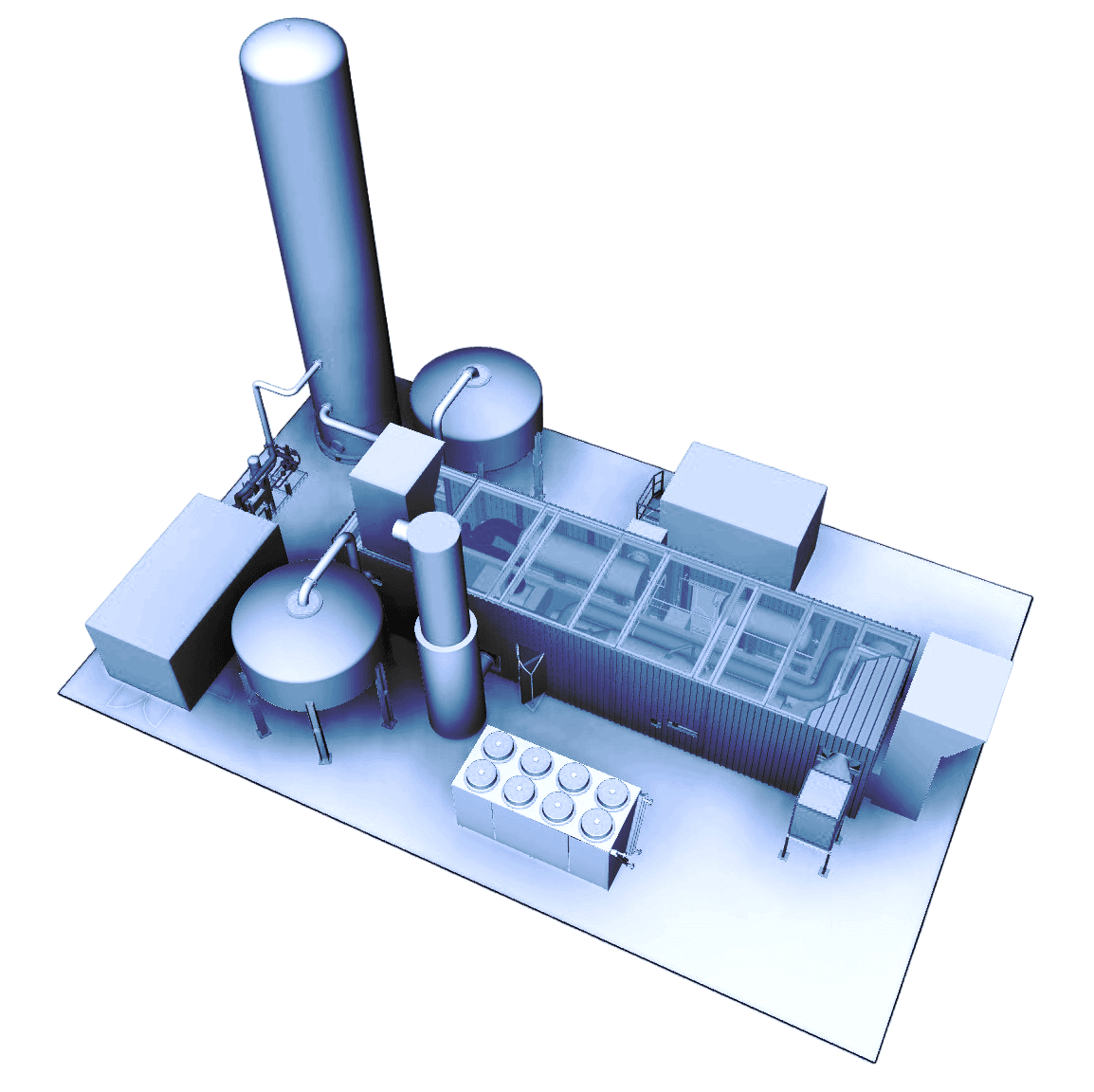 Isometric 3D rendering of a modular gas plant skid with a tall vertical tower, two round process vessels, containerized units, and pipework arranged on a rectangular base.