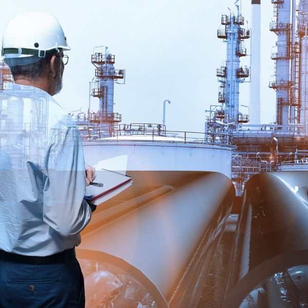 MAHLER plant installation: engineer in hard hat inspecting a gas processing facility with large vessels and piping during on-site installation.